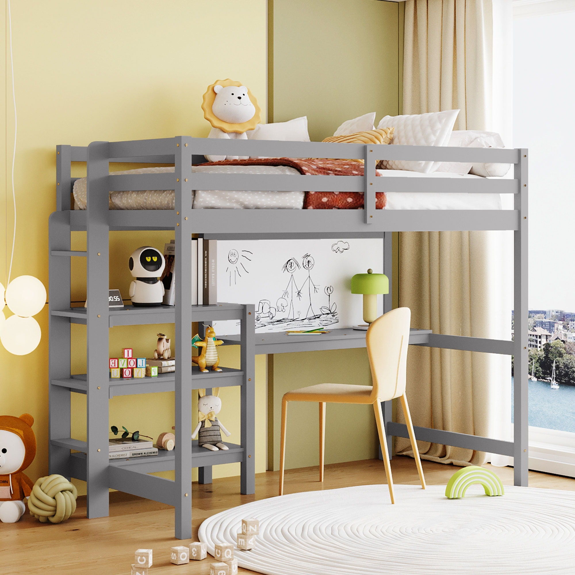 Loft Bed With Shelves, Desk And Writing Board