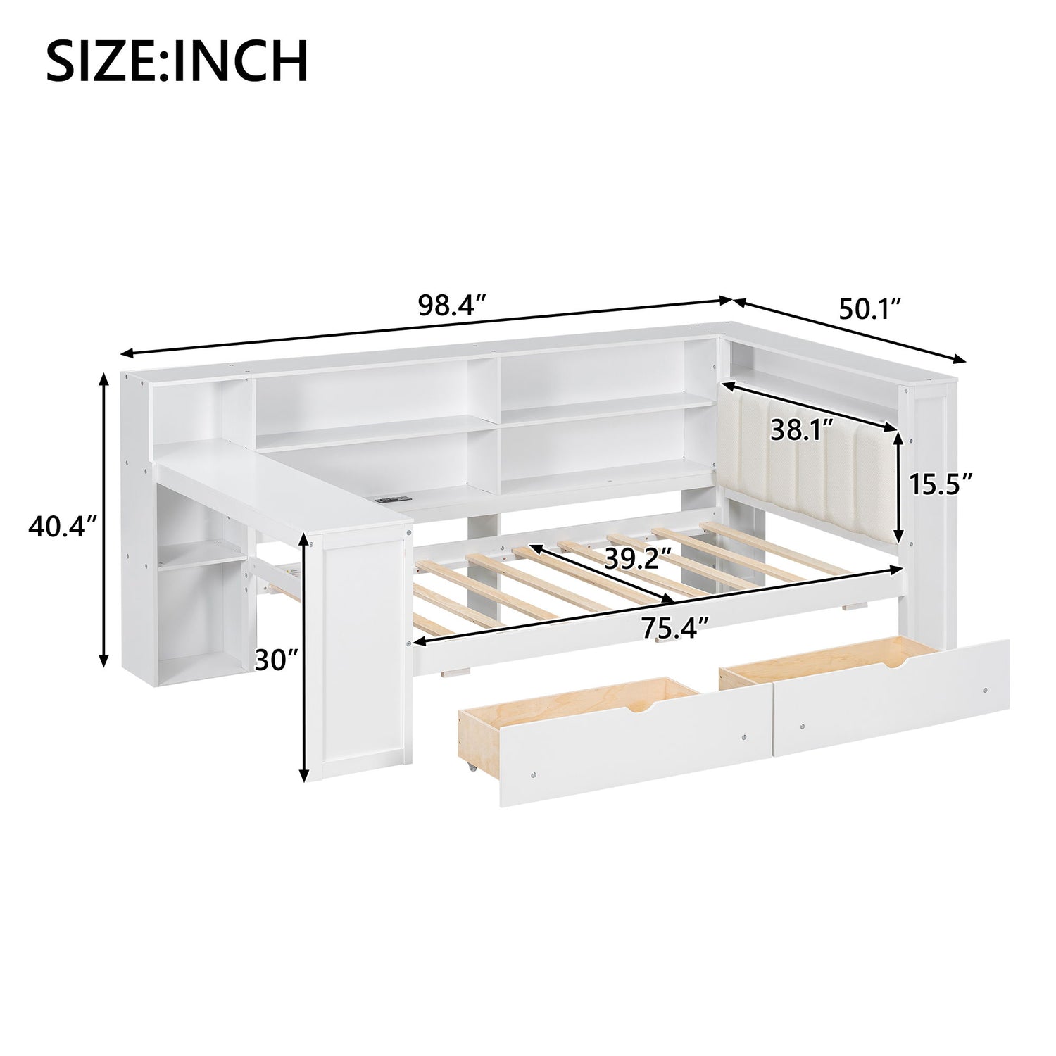 Platform Bed With Upholstered Headboard, Storage Shelves, Drawers, Charging Station, LED Lighting, Built In Desk