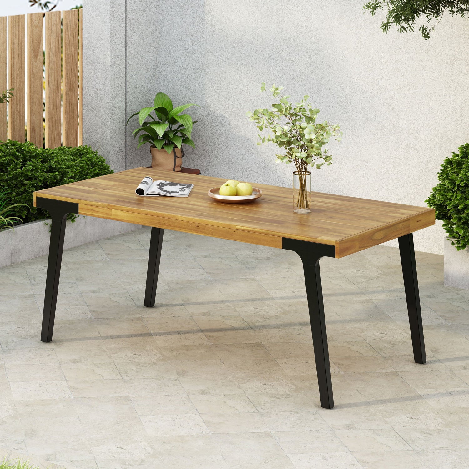 Acacia Wood Patio Dining Table, 69&quot;L Rectangle Outdoor Table - Teak / Black