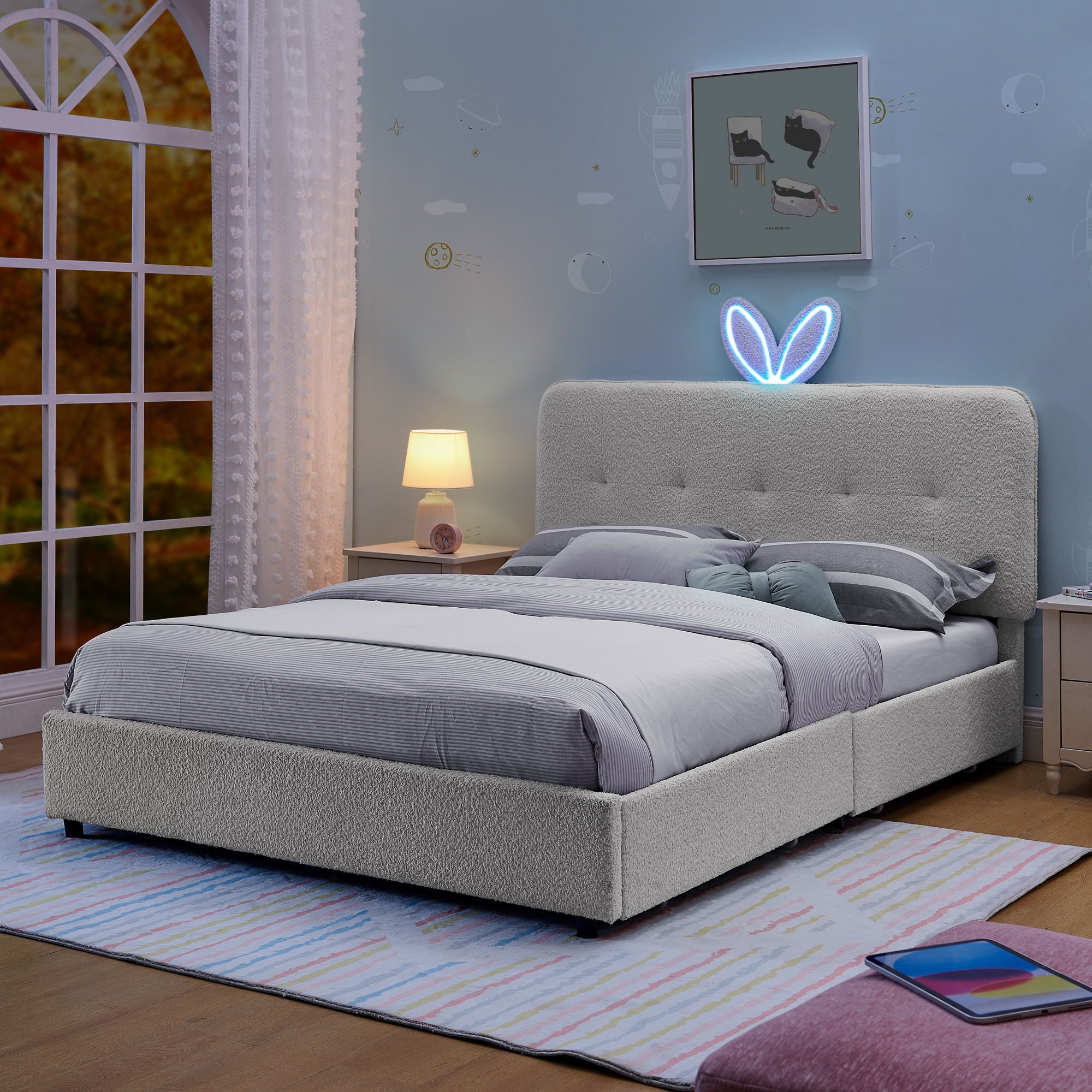 Upholstered Bed With Oversized Rabbit Ear Headboard, LED Lights &amp; 4 Storage Drawers