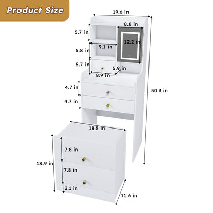 3 In 1 Dressing Table With LED Mirror &amp; Storage Stool, Compact Makeup Vanity - White