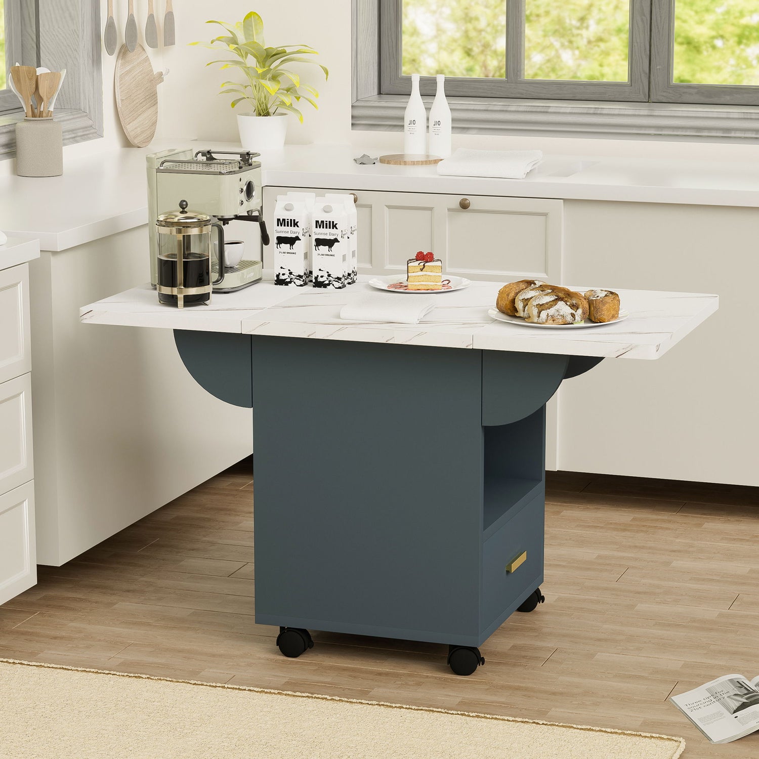 Versatile Wood Folding Dining Table With Wheels, Storage Rack &amp; Drawer, Space Saving Design - White