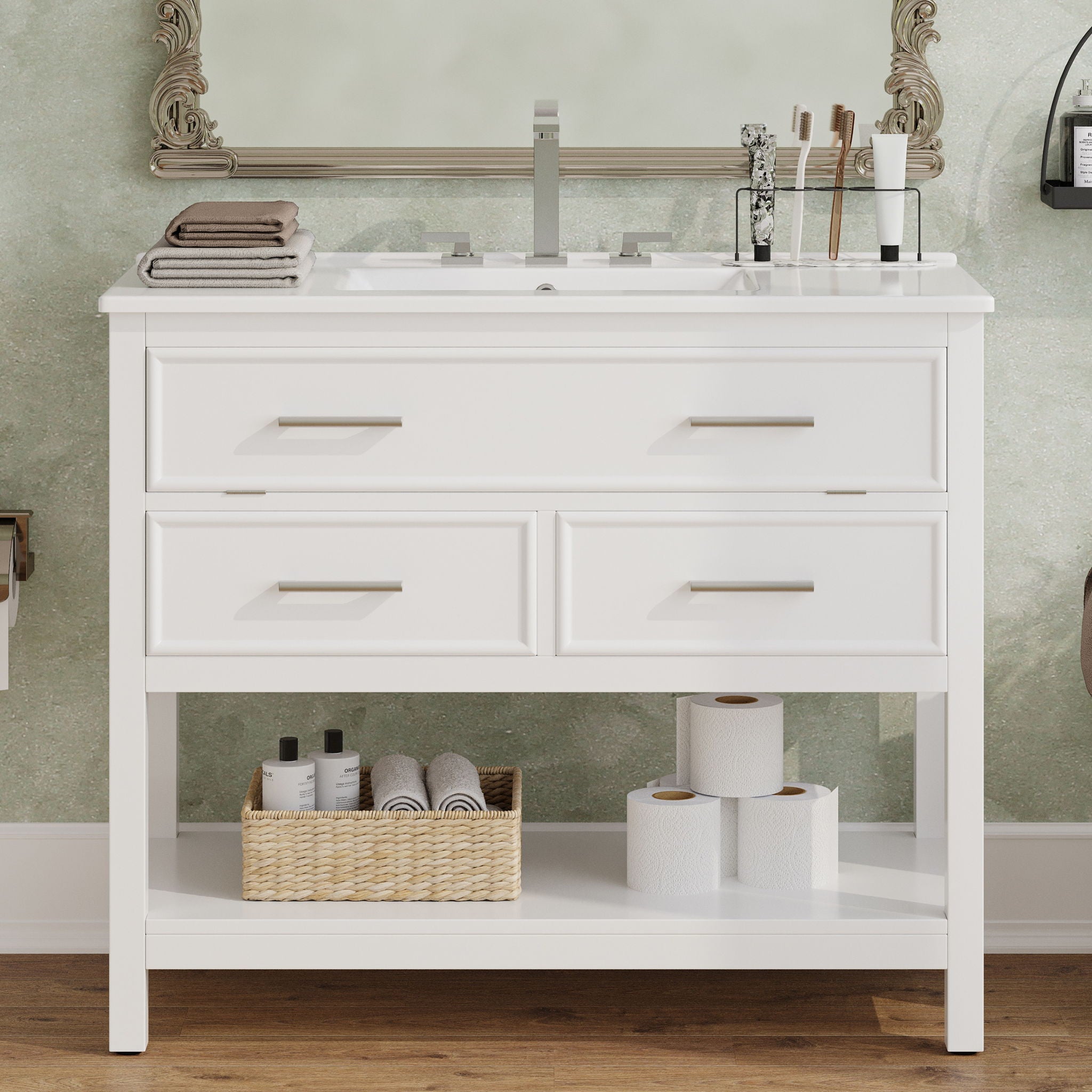Bathroom Vanity With Ceramic Sink, Tip Out Tray &amp; 2 Full Extension Drawers