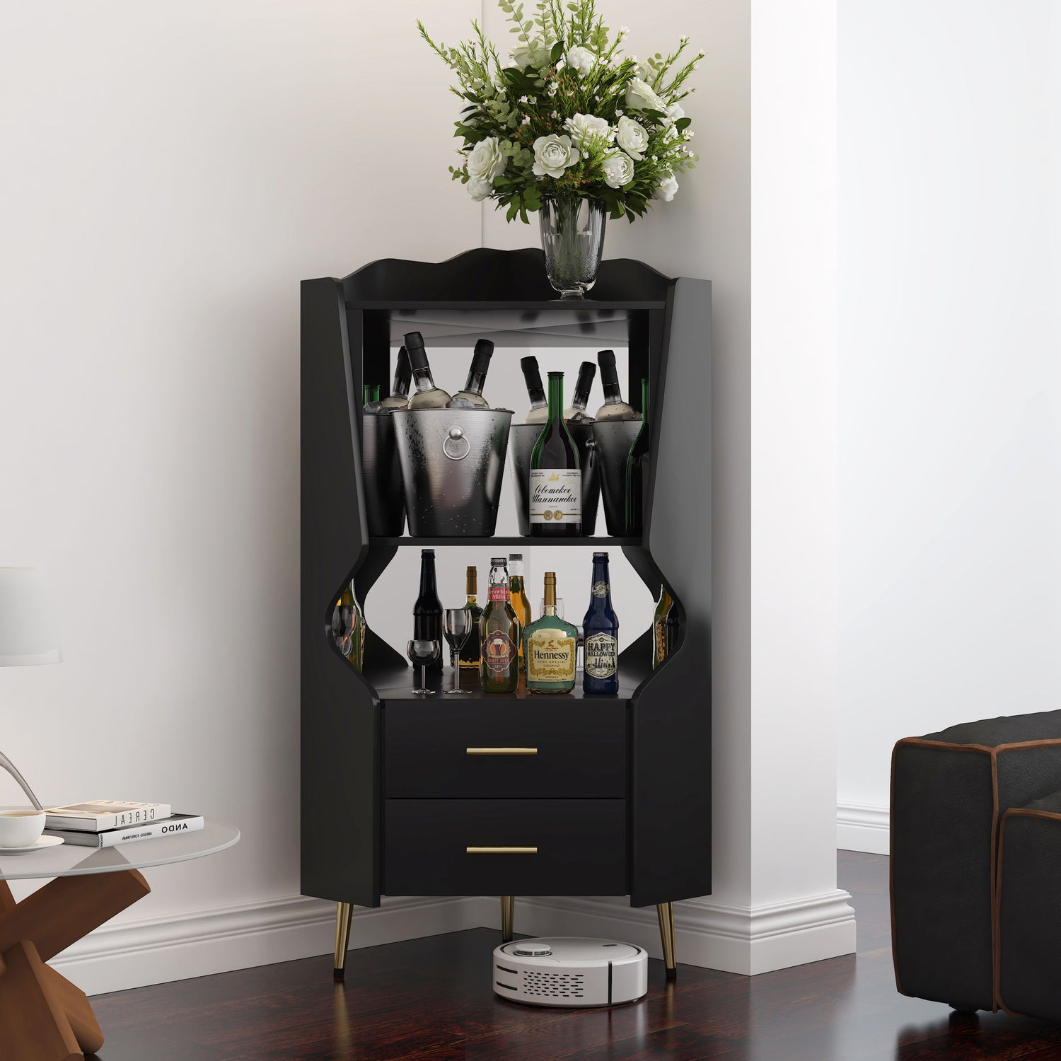 Corner Bar Cabinet With Mirrored Back, 2 Open Shelves &amp; 2 Drawers, High Legs For Easy Cleaning