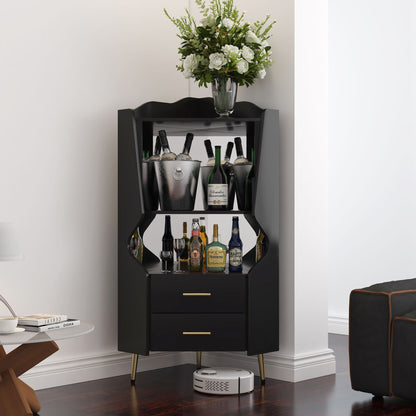 Corner Bar Cabinet With Mirrored Back, 2 Open Shelves &amp; 2 Drawers, High Legs For Easy Cleaning