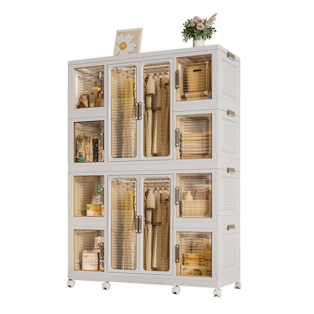 Portable Wardrobe Closet Storage Organizer For Clothes With Magnetic Doors, 12 Cubes &amp; 2 Hanging Rods - White