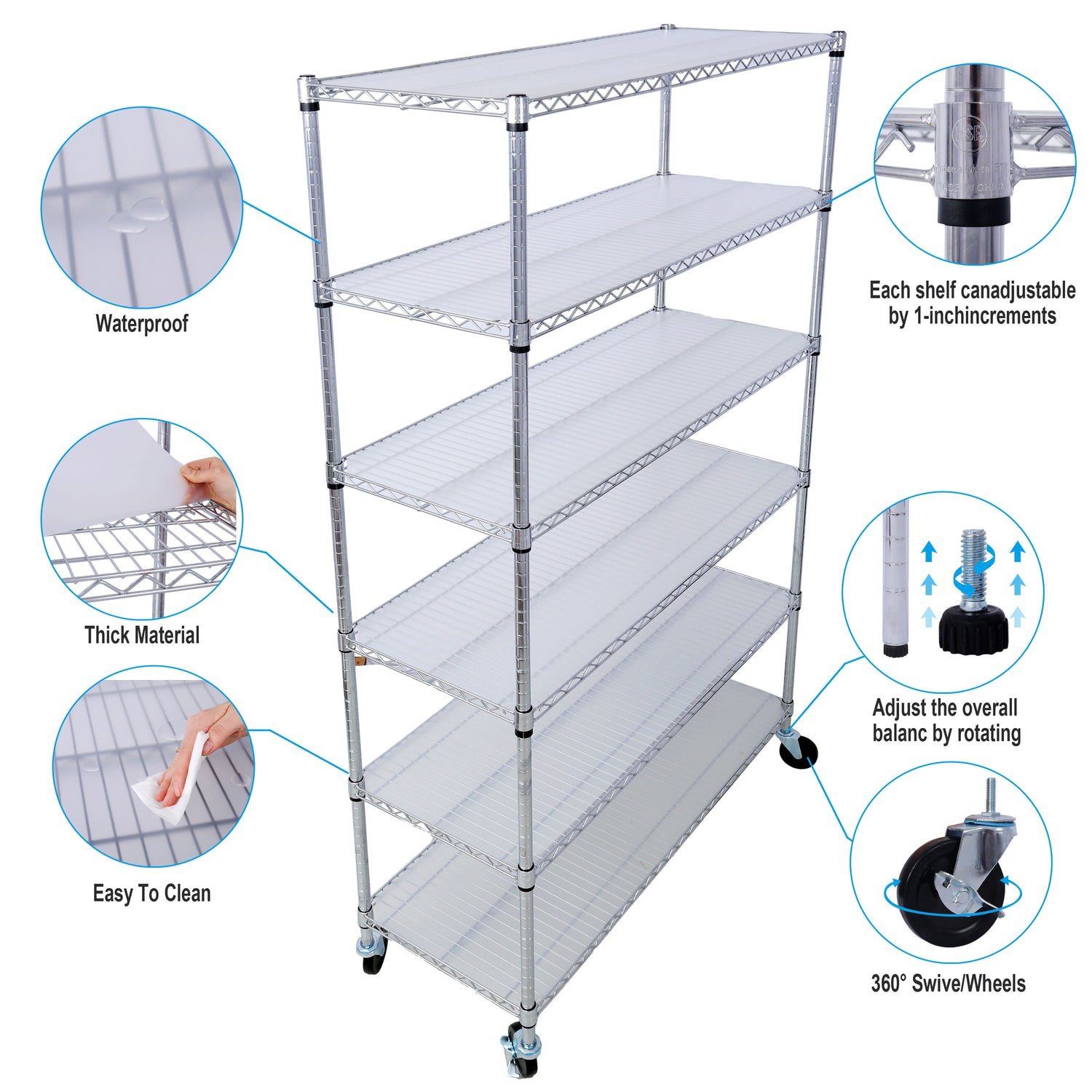 6 Tier 6000Lbs Capacity Nsf Metal Shelf Wire Shelving Unit, Heavy Duty Adjustable Storage Rack With Wheels &amp; Shelf Liners For Commercial Grade Utility Steel Storage Rack
