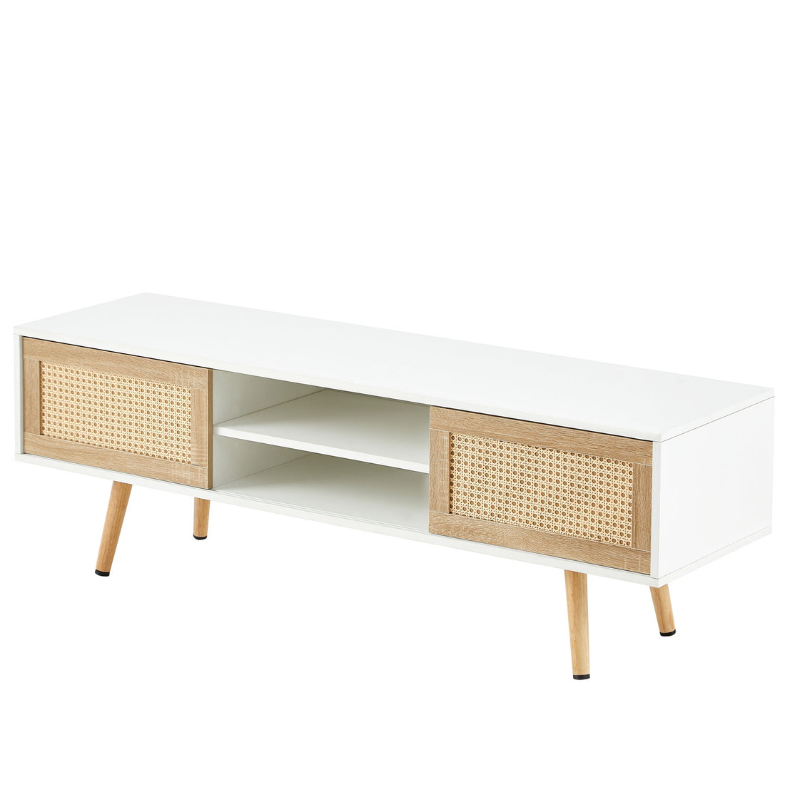 55.12&quot; Rattan TV Cabinet, Double Sliding Doors For Storage, Adjustable Shelf, Solid Wood Legs, TV Console For Living Room