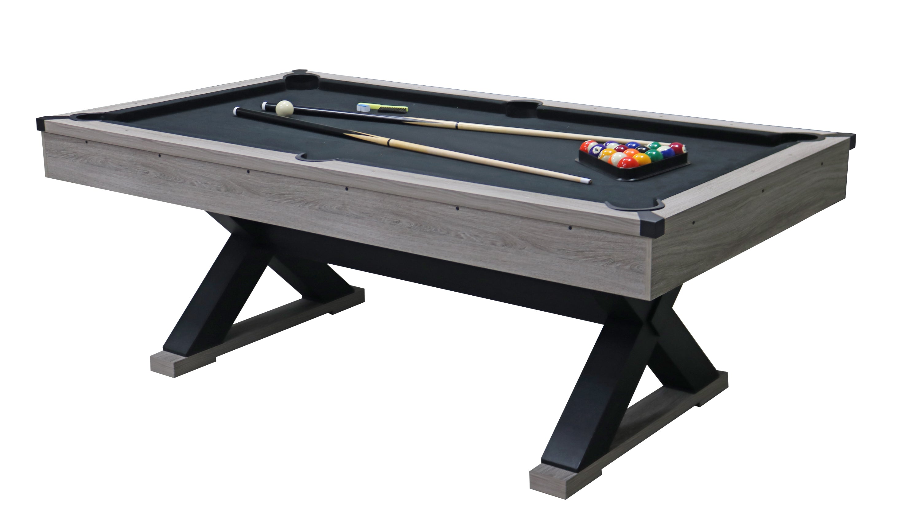 84&quot; Pool Table with Billiard Balls, Cues, Pool Cue Chalk, Cleaning Brush, X-Legs, Black Cloth, Rustic Grey,84.1&quot;L x 46.5&quot;W x 32&quot;H