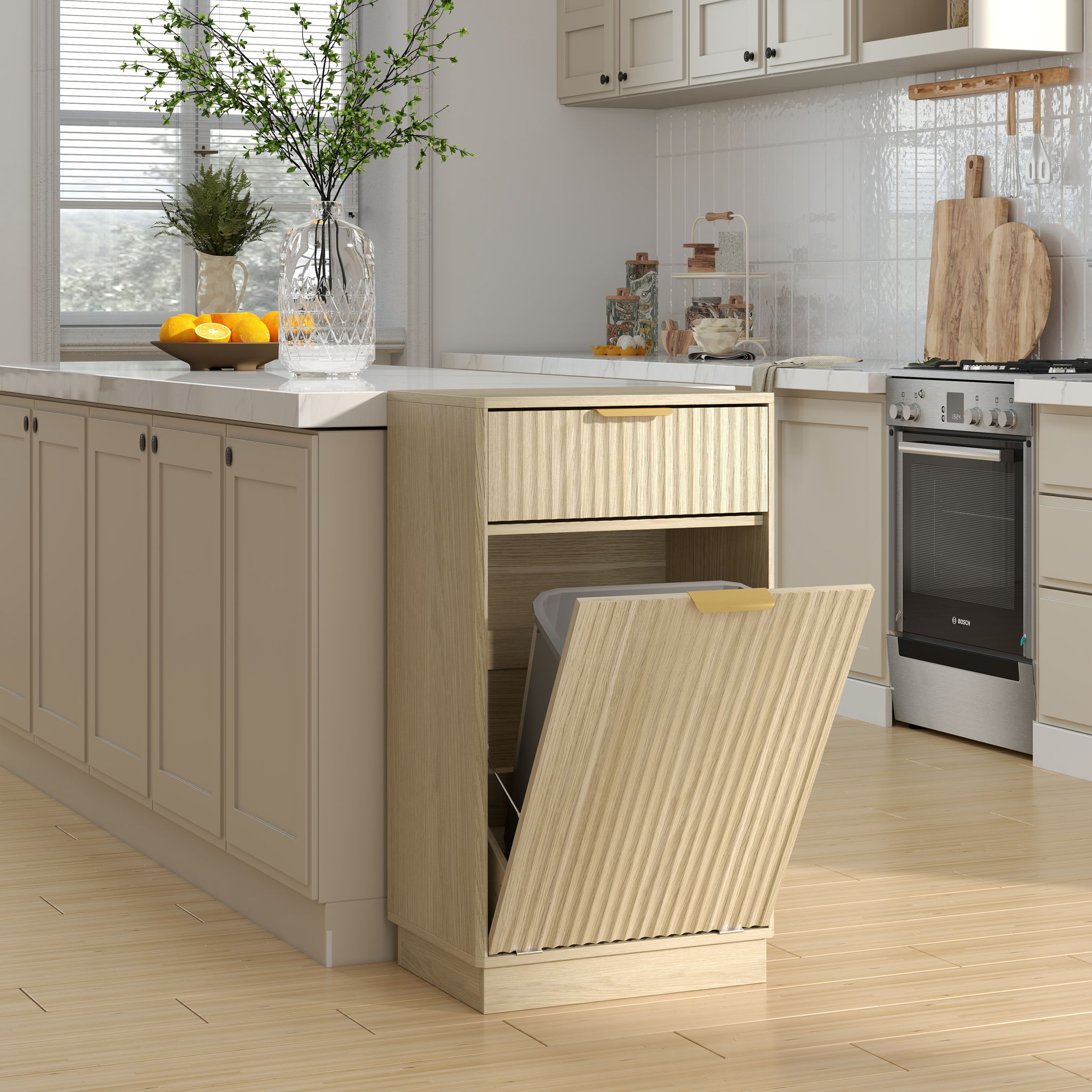 Tilt Out Trash Can Cabinet With Wave Textured Drawer &amp; Pull Out Bin