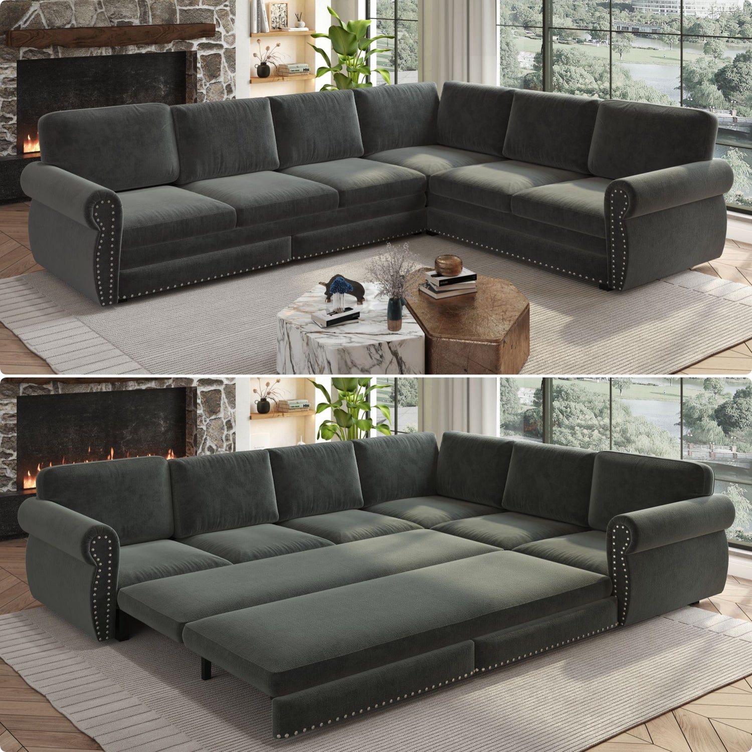 L-Shaped Sofa Couch With Pull Out Bed With Nailhead Trim &amp; Rolled Arm
