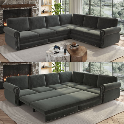 L-Shaped Sofa Couch With Pull Out Bed With Nailhead Trim &amp; Rolled Arm