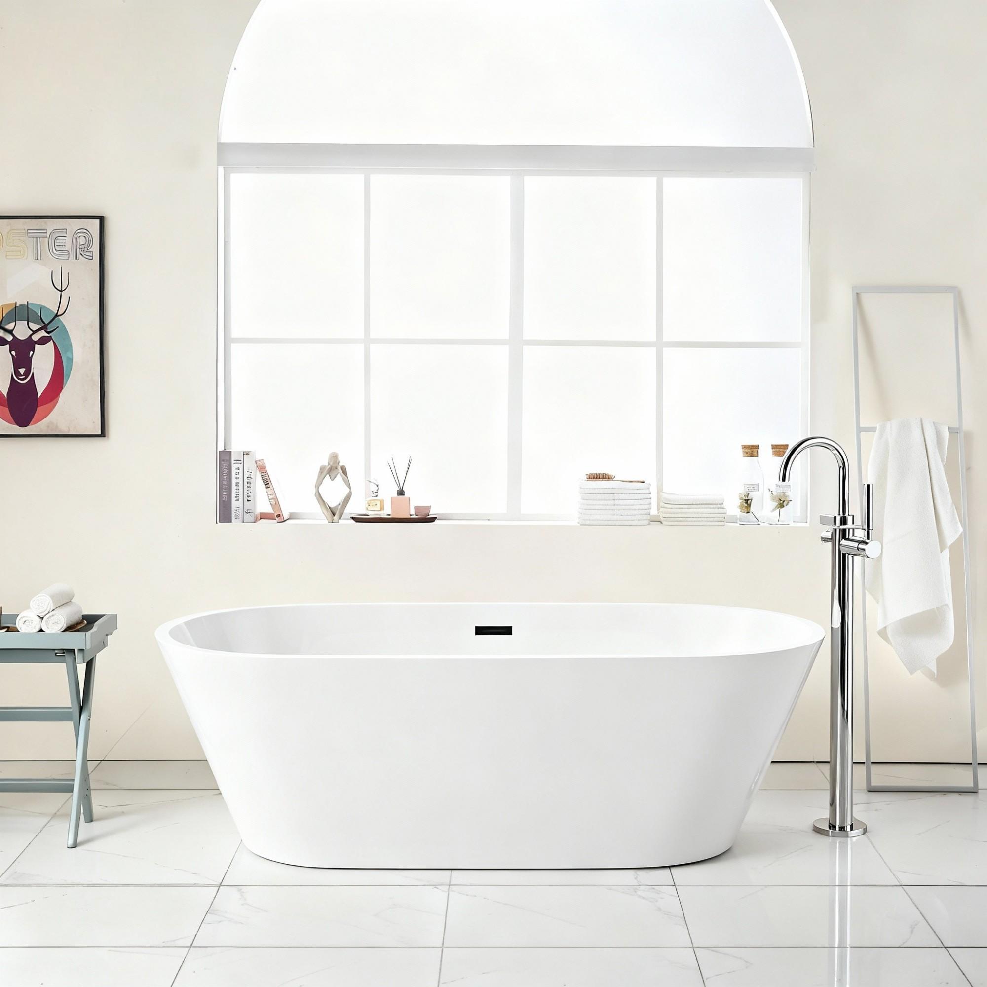 Gloss Freestanding Bathtub With Overflow &amp; Pop Up Drain, Stand Alone Soaking Tub