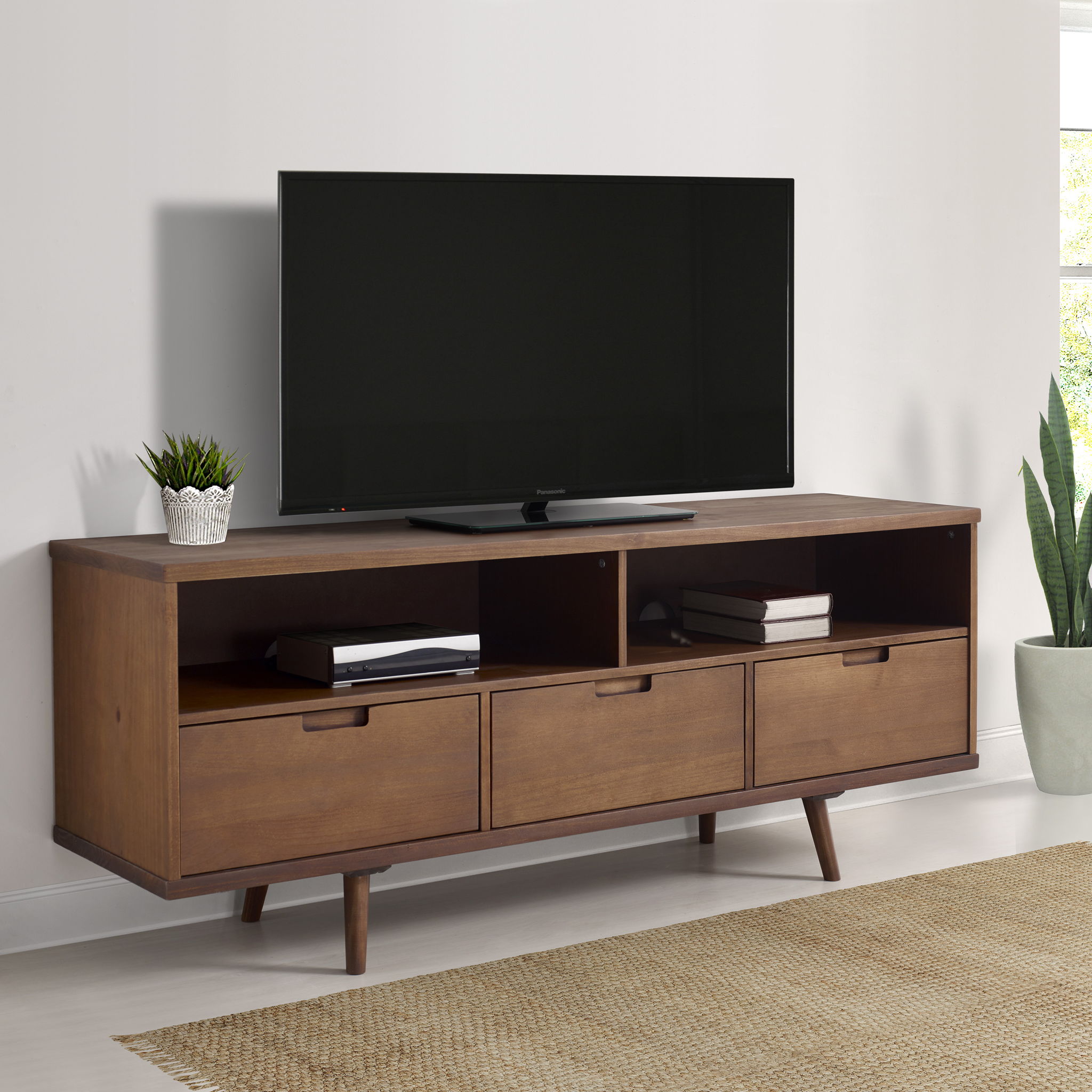 Mid-Century Modern Minimalist 3 Drawer Corner TV Stand For TVs Up To 58
