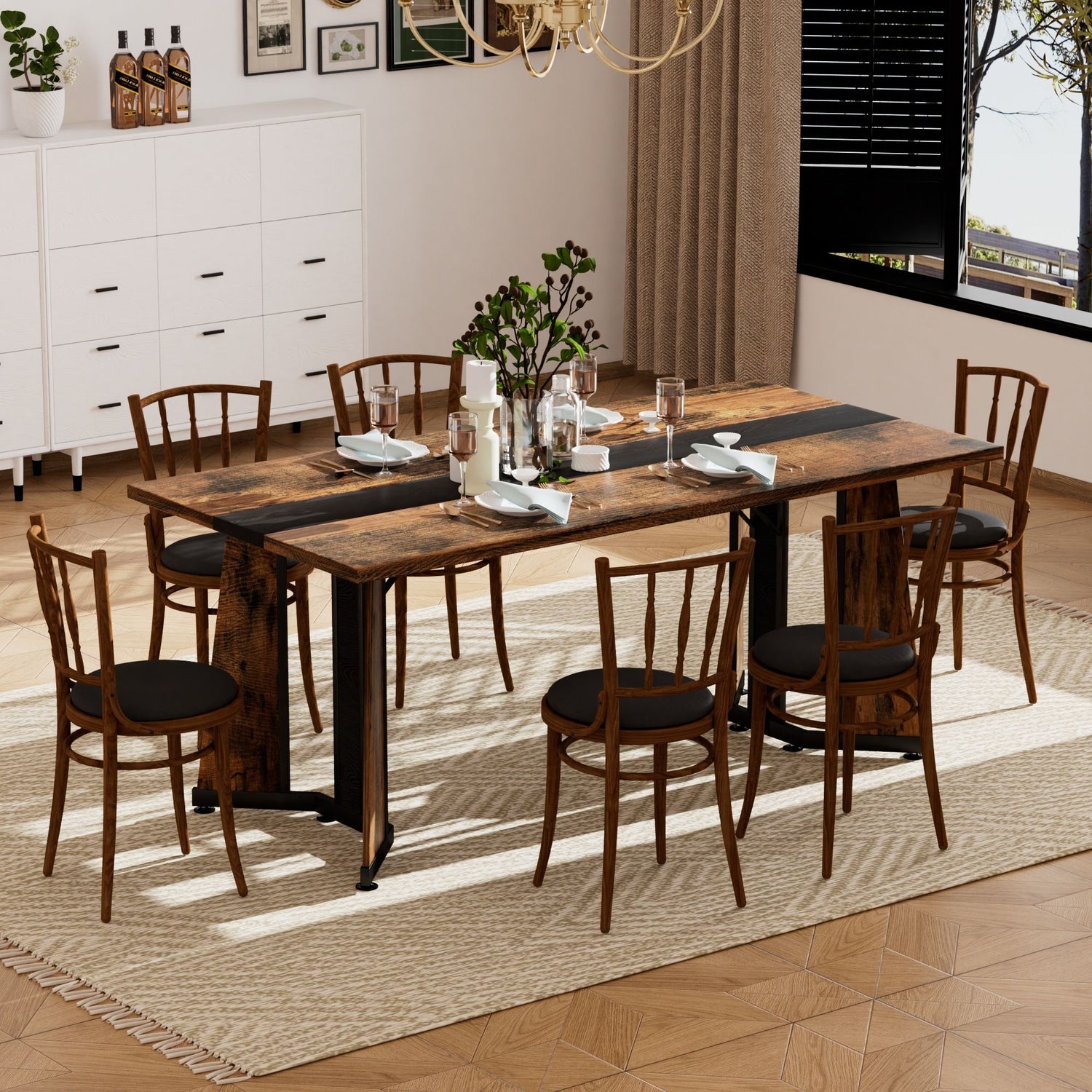 Rustic Rectangular Large Dining Table, Waterproof Desk For 8 People, &amp; Steel With Adjustable Legs - Black / Rustic Brown