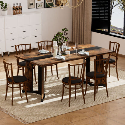 Rustic Rectangular Large Dining Table, Waterproof Desk For 8 People, &amp; Steel With Adjustable Legs - Black / Rustic Brown