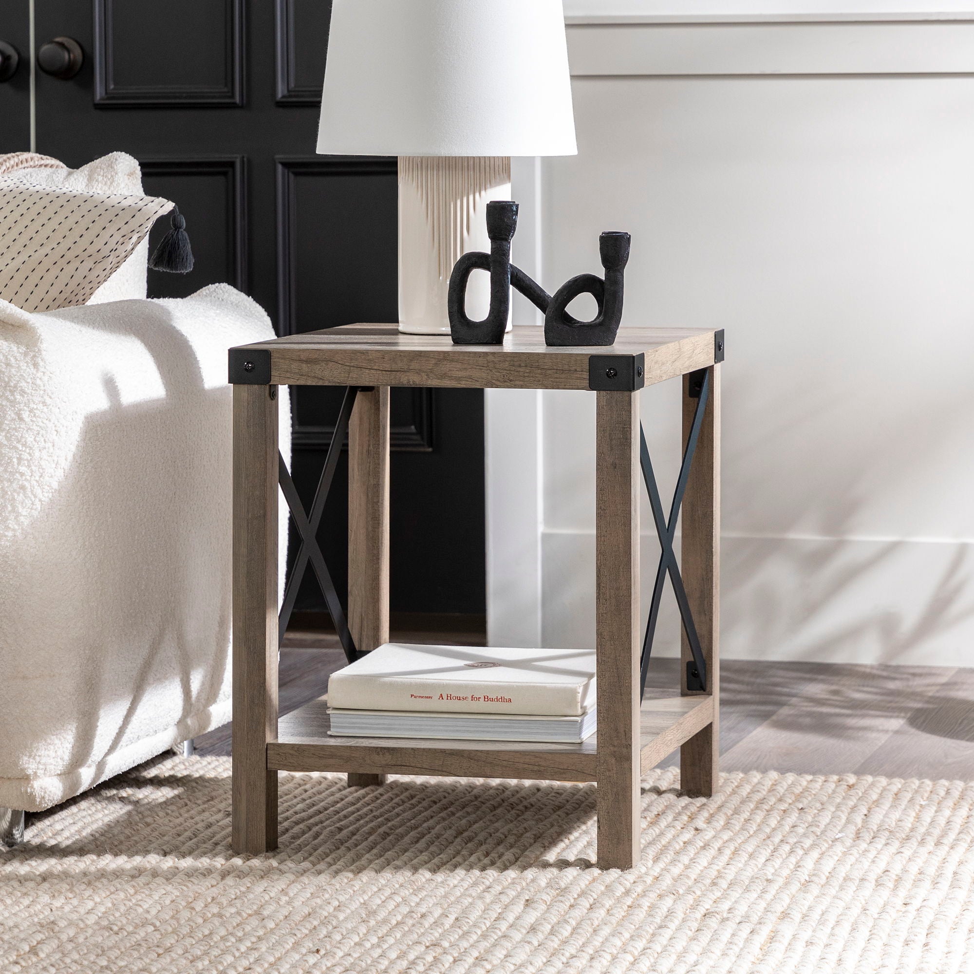 Rustic Industrial X 2 Tier Side Table - Gray Wash