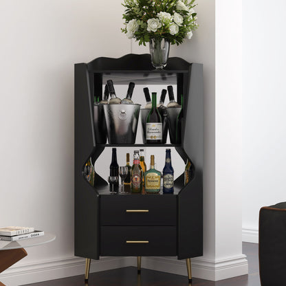 Corner Bar Cabinet With Mirrored Back, 2 Open Shelves &amp; 2 Drawers, High Legs For Easy Cleaning