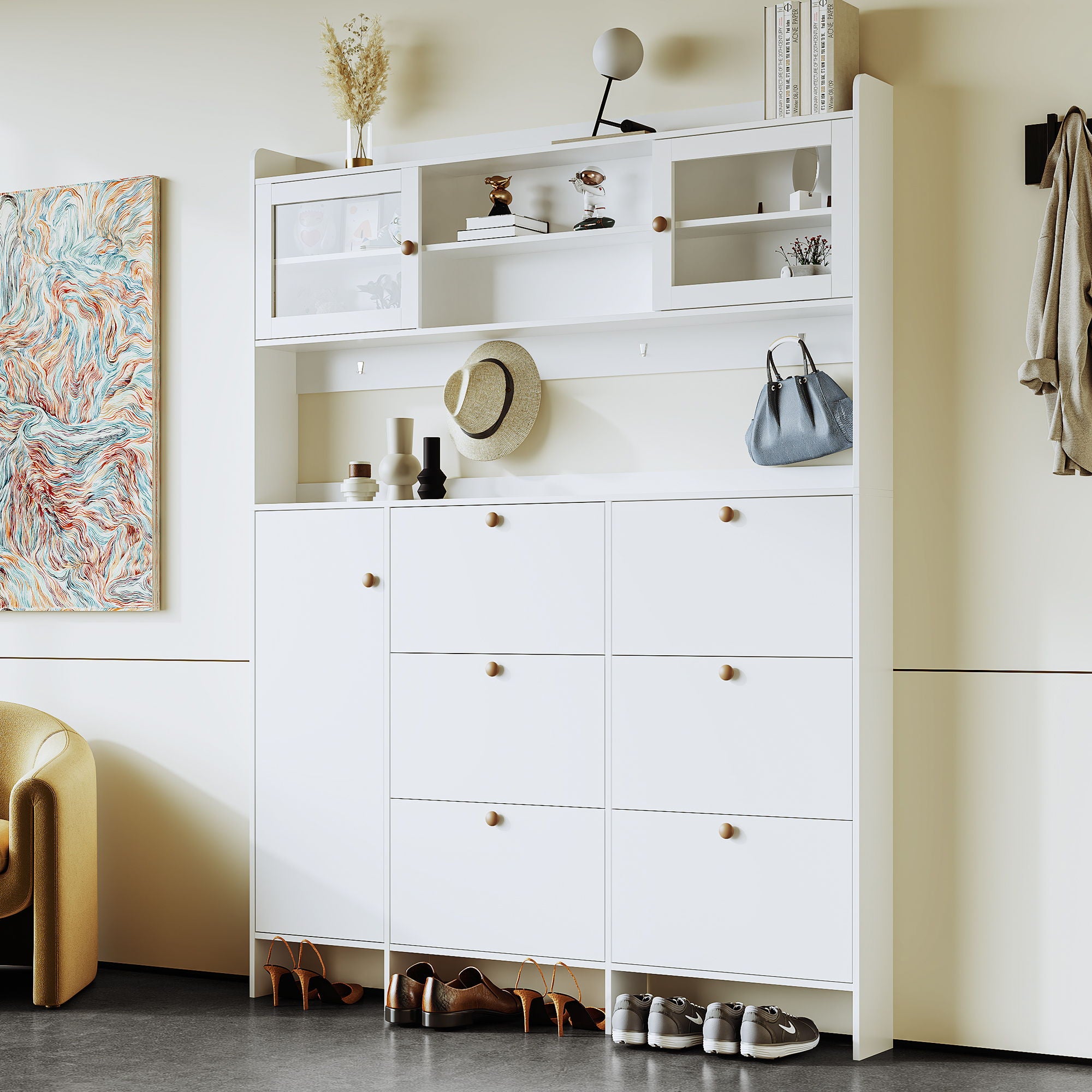 On Trend Multifunctional Tipping Bucket Shoe Cabinet With Storage Shelf &amp; 6 Flip Drawers