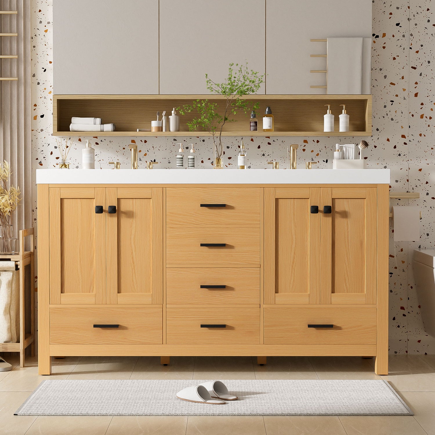 Bathroom Vanity With Double Sink, Soft Close Doors &amp; Drawers Handles - Wood