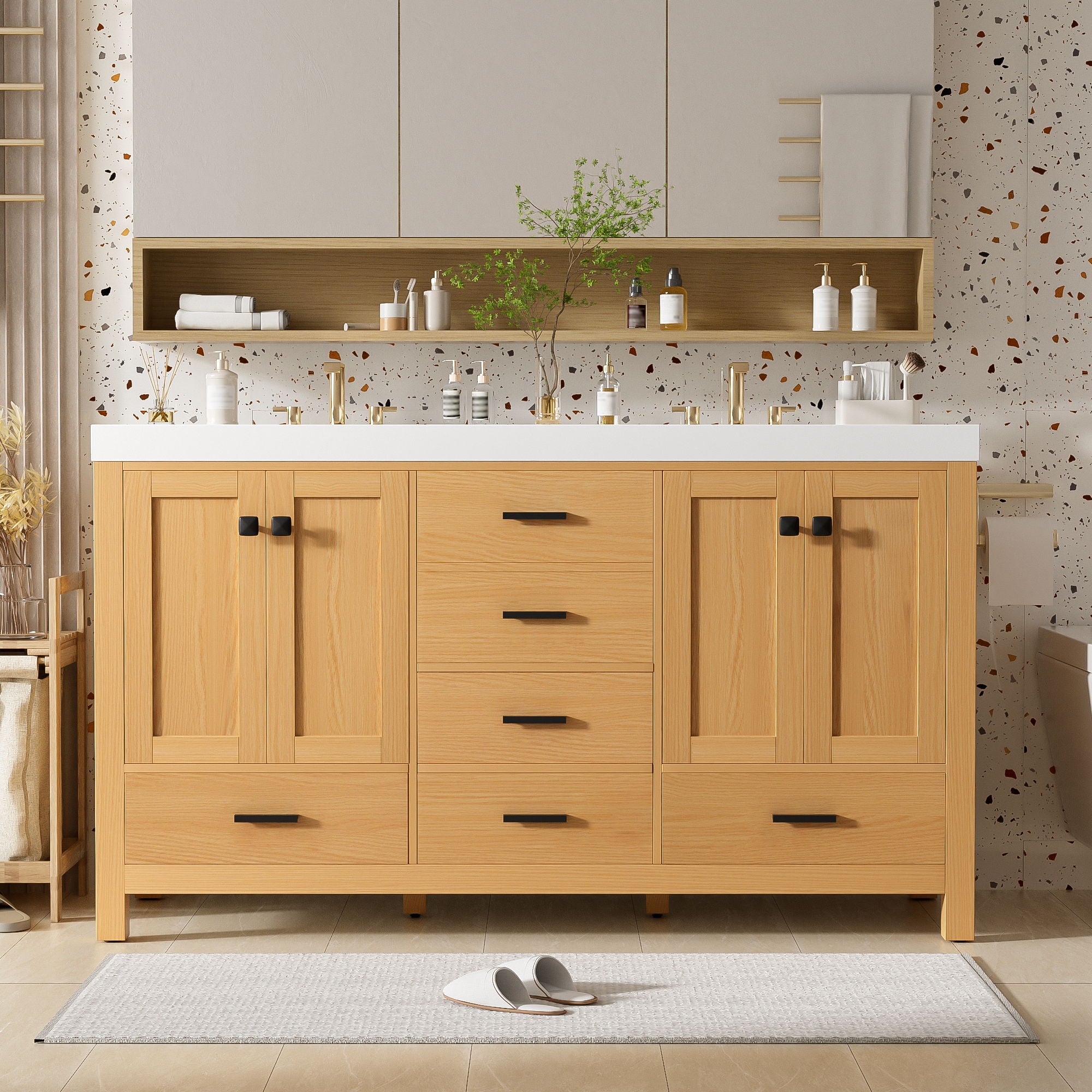 Bathroom Vanity With Double Sink, Soft Close Doors &amp; Drawers Handles - Wood