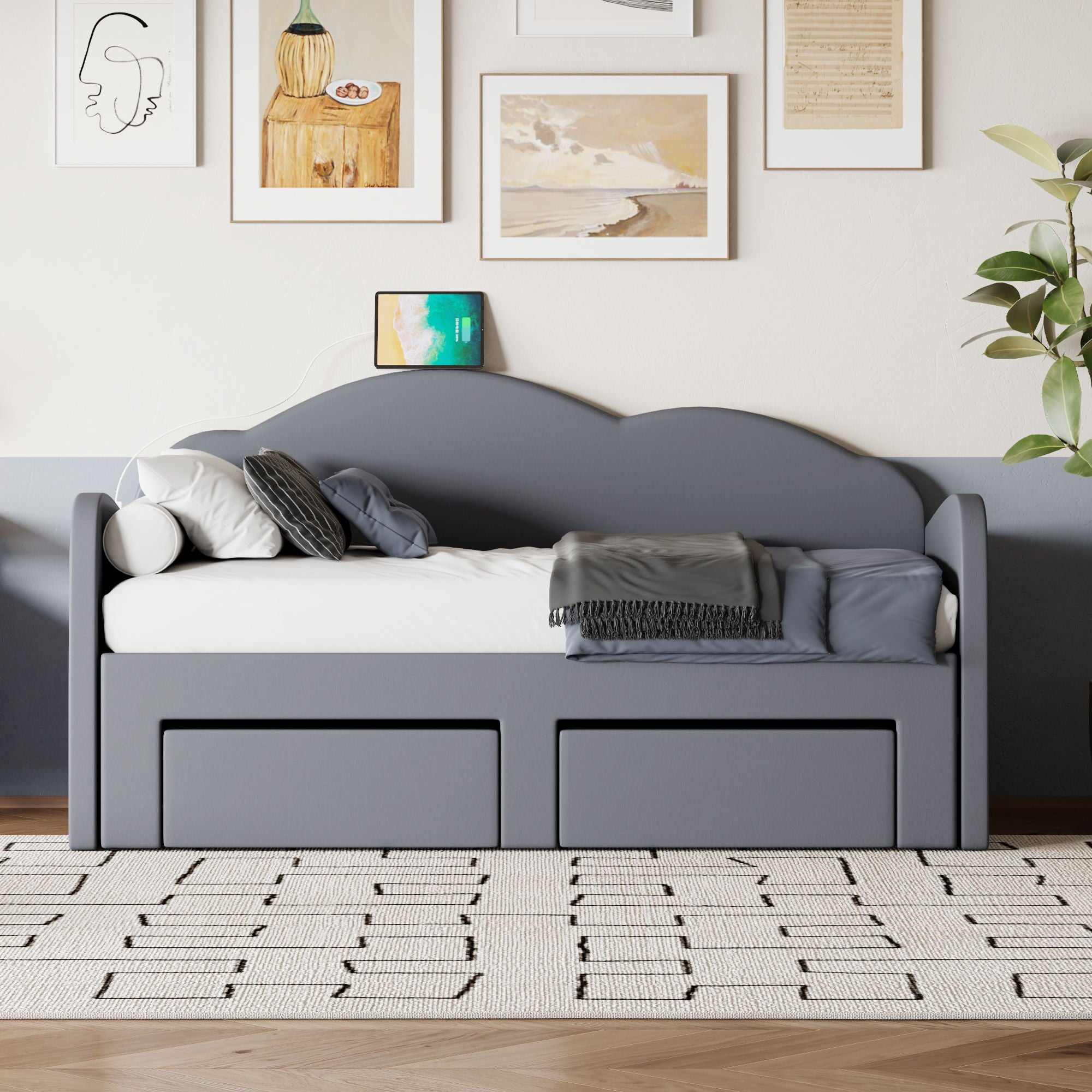 Upholstered Daybed With Cloud-Shaped Backrest, Trundle &amp; 2 Drawers And USB Ports