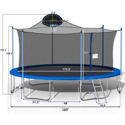 16Ft Trampoline For Adults &amp; Kids With Basketball Hoop, Double-Sided Cover, Outdoor Trampolines With Ladder And Safety Enclosure Net For Kids And Adults - Blue
