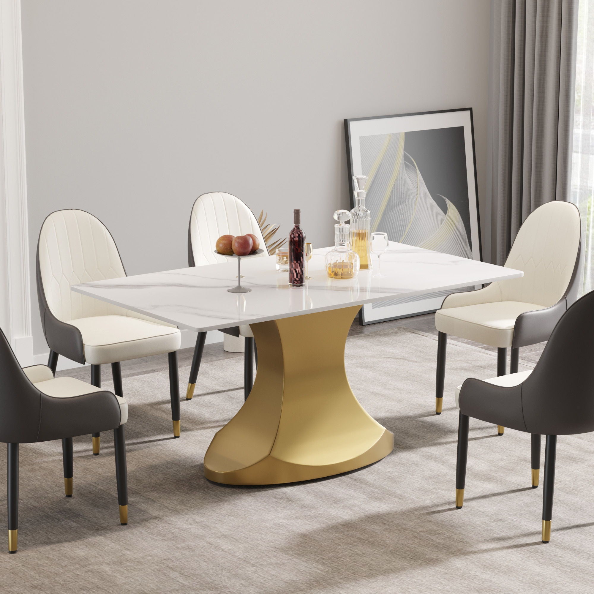63&quot; Modern Artificial Stone Panel Golden Stainless Steel Curved Legs, Can Accommodate 6-8 People - White / Gold