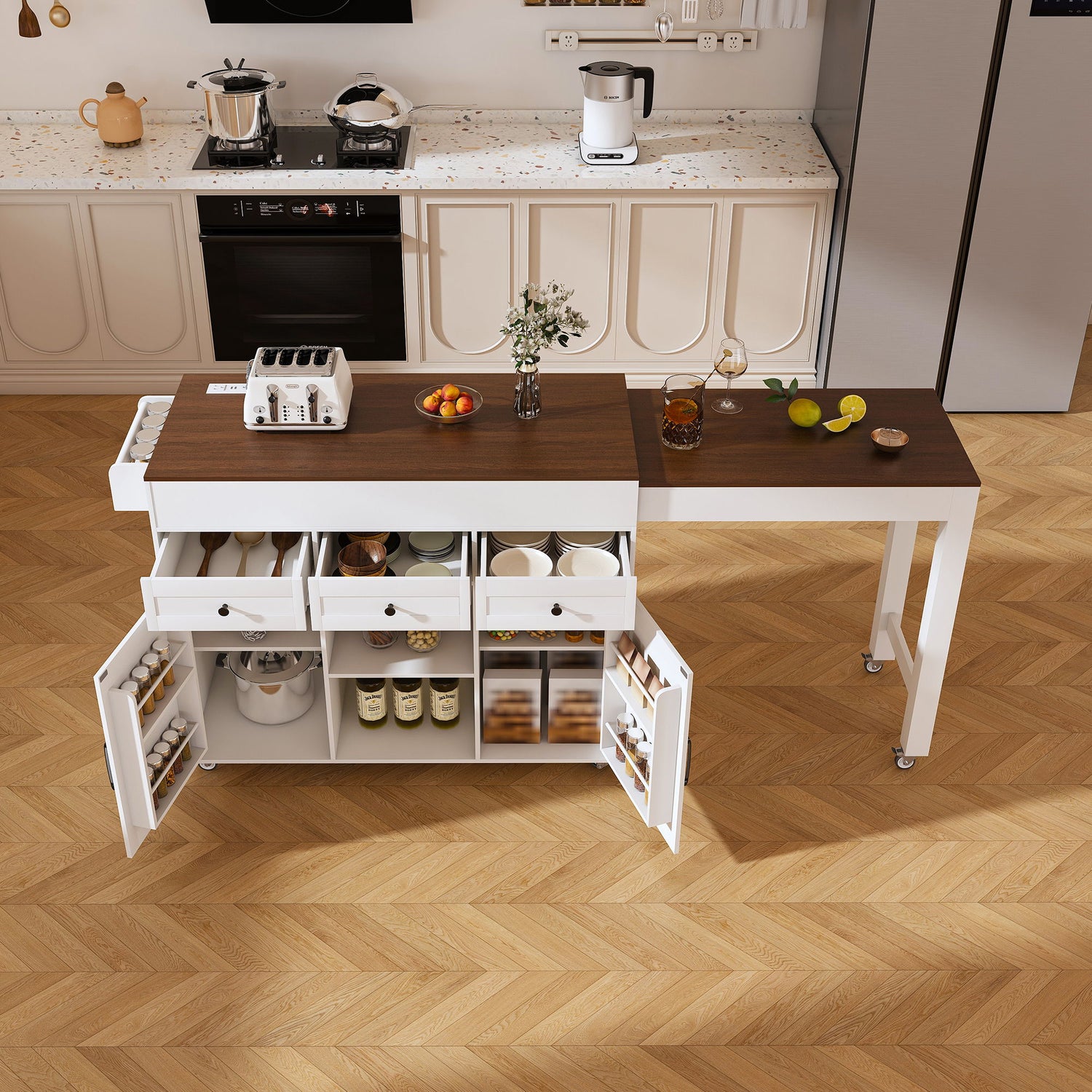 Modern Kitchen Island With Extendable Dining Table &amp; Power Outlet - White