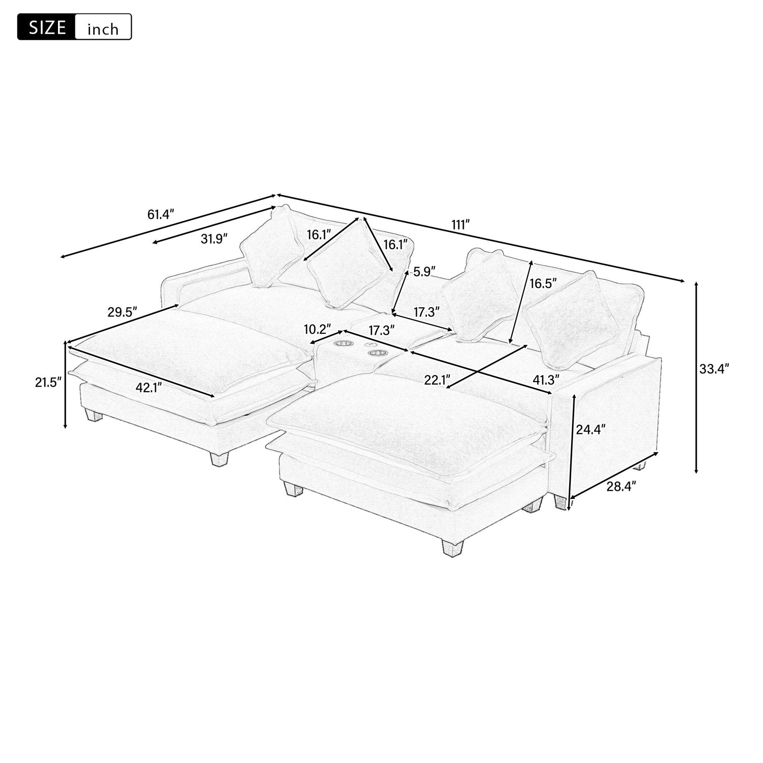 Sectional Sofa With Removable Ottomans, USB Ports, Cup Holders &amp; Storage - Gray / Light Blue