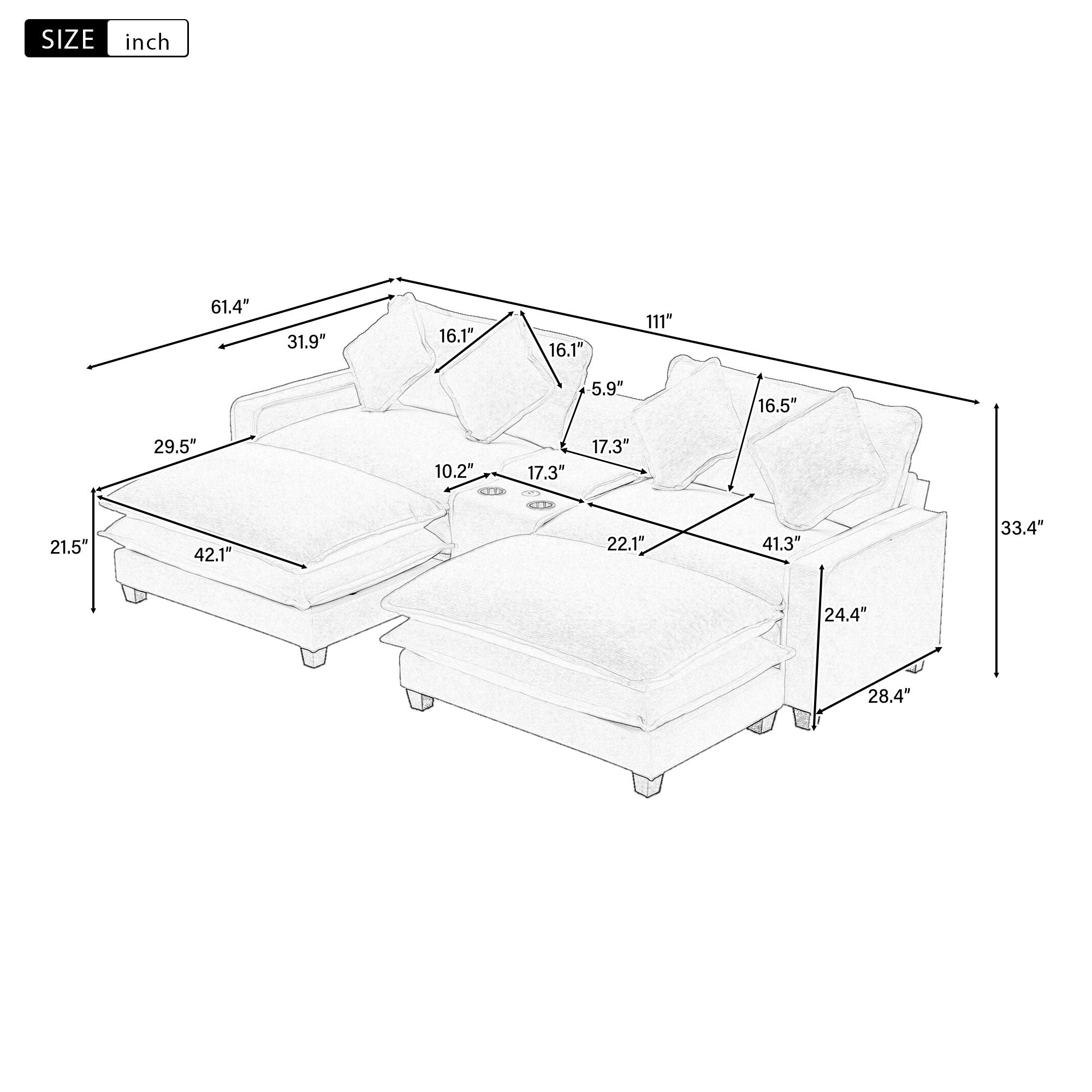 Sectional Sofa With Removable Ottomans, USB Ports, Cup Holders &amp; Storage - Gray / Light Blue