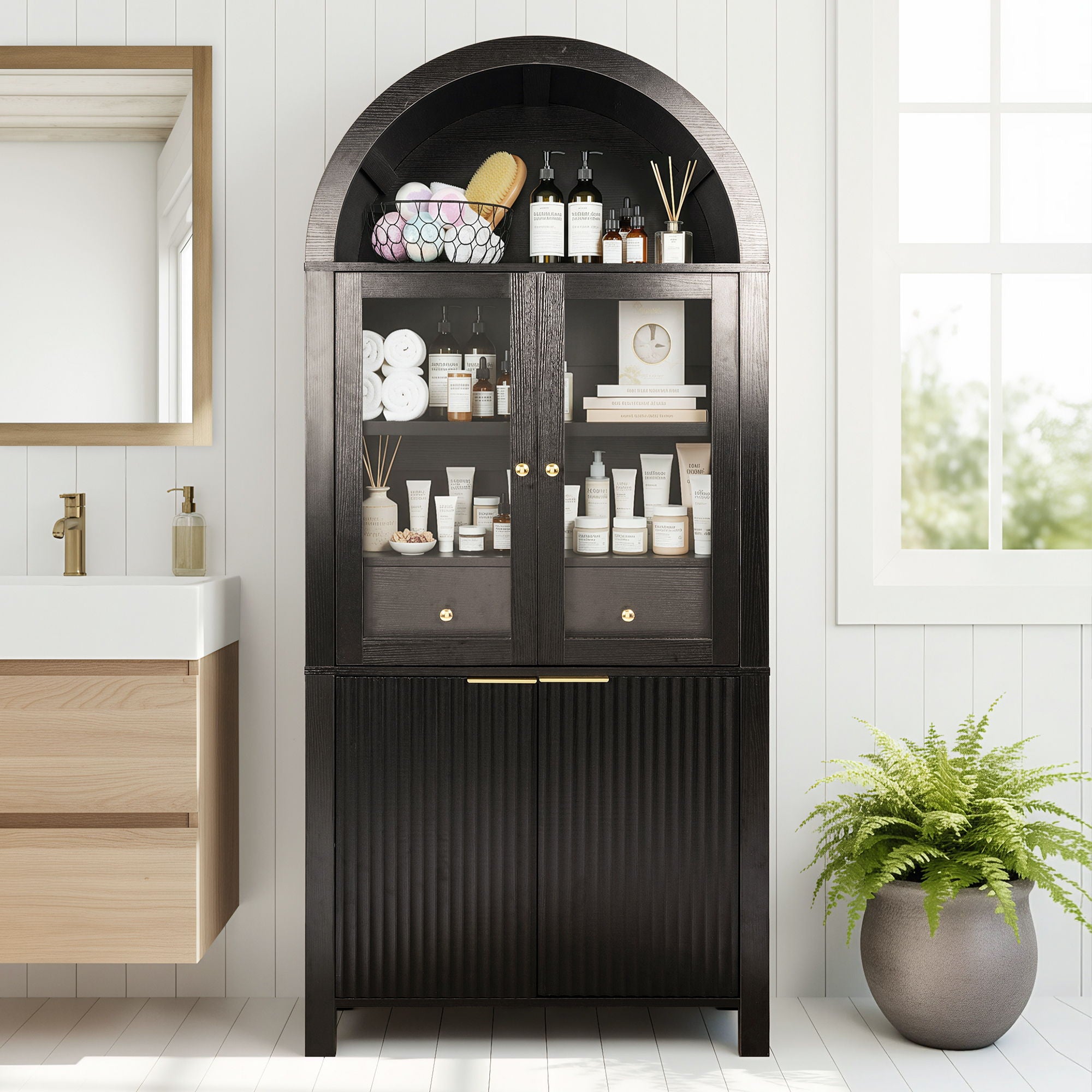 Fluted Tall Arched Pantry Cabinet With Adjustable Shelves, Glass Door &amp; Hidden Drawer For Kitchen