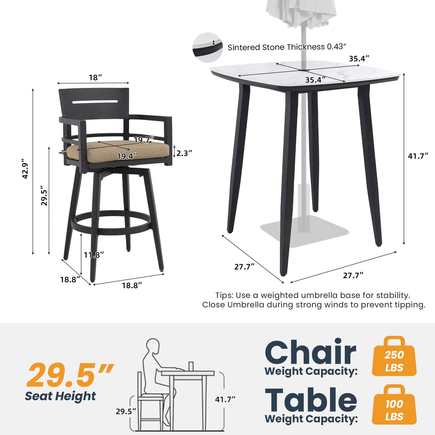 5 Pieces Outdoor Patio Bar Set, Rounded Square Sintered Stone Table &amp; 4 Swivel Bar Chairs