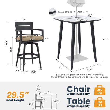 5 Pieces Outdoor Patio Bar Set, Rounded Square Sintered Stone Table &amp; 4 Swivel Bar Chairs