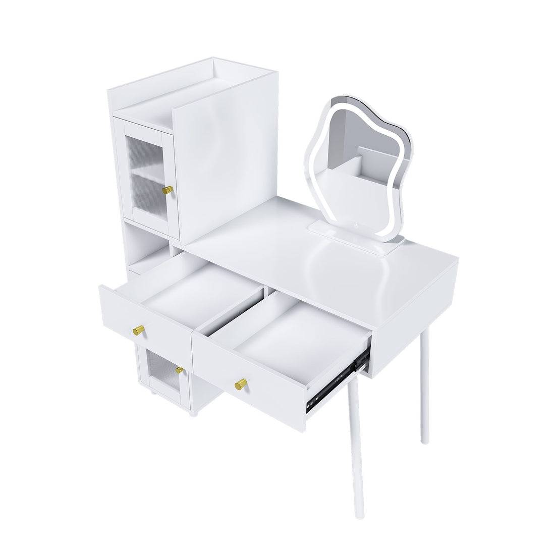 Vanity Dressing Table With LED Mirror &amp; Storage Makeup Desk With 3 Drawers, 2 Open Shelves &amp; 4 Hidden Cabinets - White