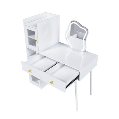 Vanity Dressing Table With LED Mirror &amp; Storage Makeup Desk With 3 Drawers, 2 Open Shelves &amp; 4 Hidden Cabinets - White