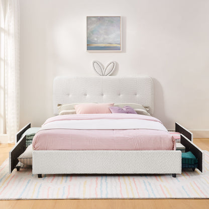 Upholstered Bed With Oversized Rabbit Ear Headboard, LED Lights &amp; 4 Storage Drawers
