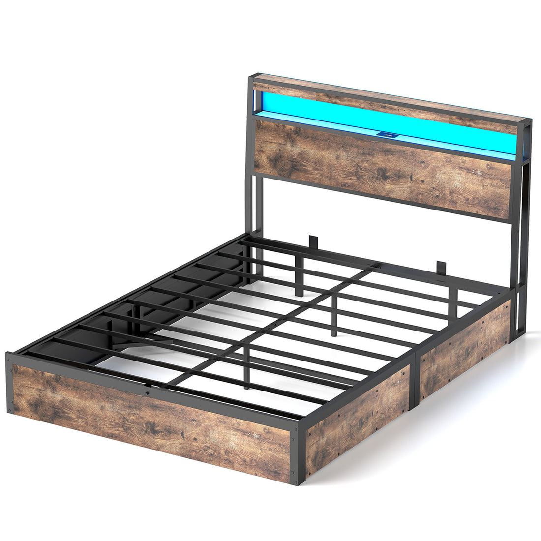 Frame With Hydraulic Lift Storage, RGB LED Lights &amp; Multi-Port Charging, No Box Spring Needed