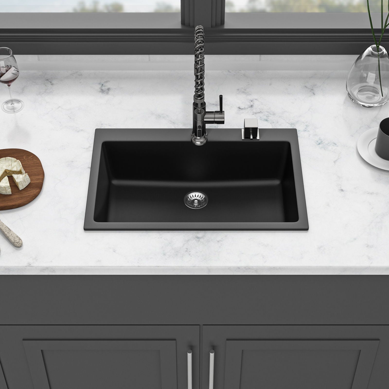 Kitchen Sink Granite Composite Drop In Sink With Durable Material - Black