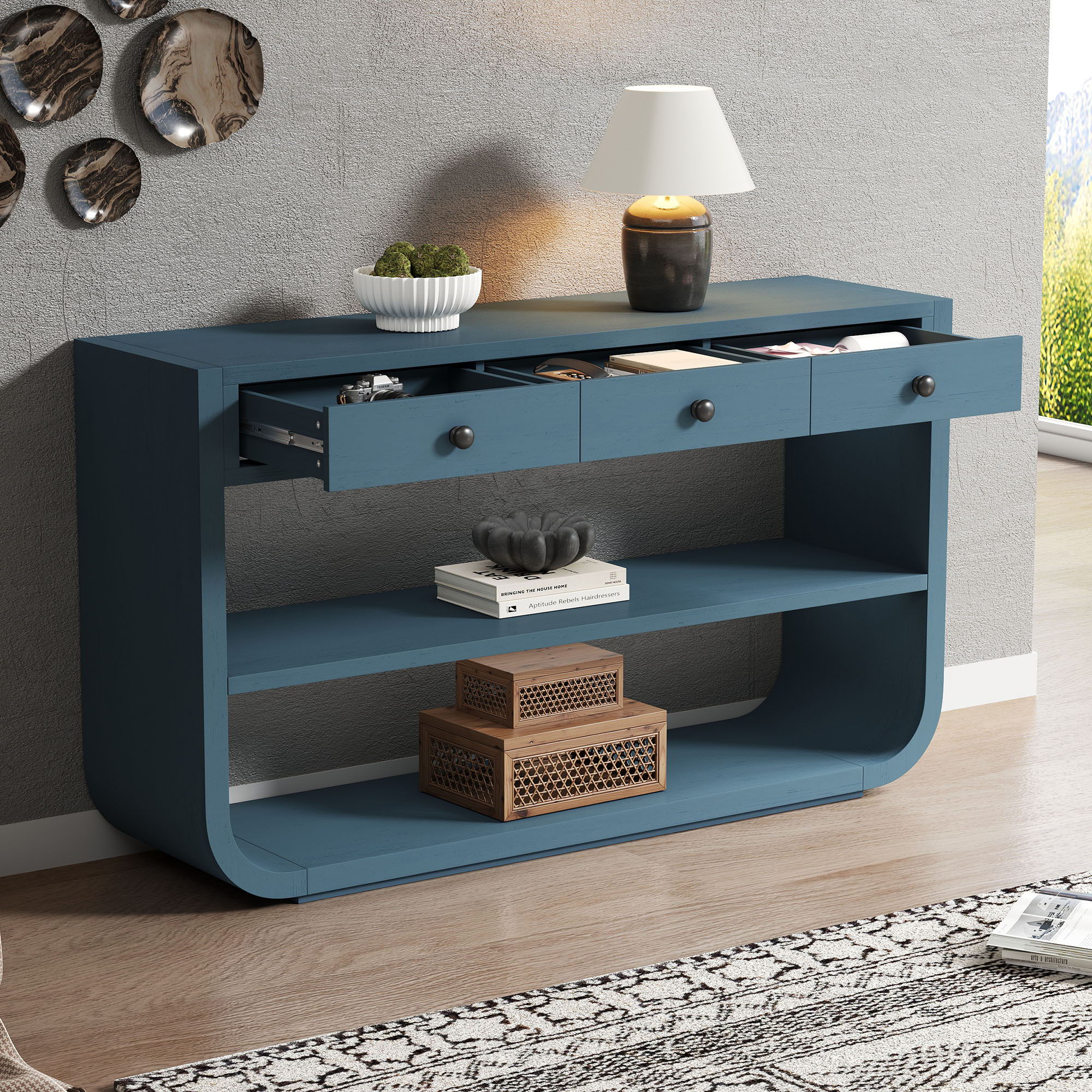 Console Table With 3 Soft Close Drawers &amp; 2 Open Shelves