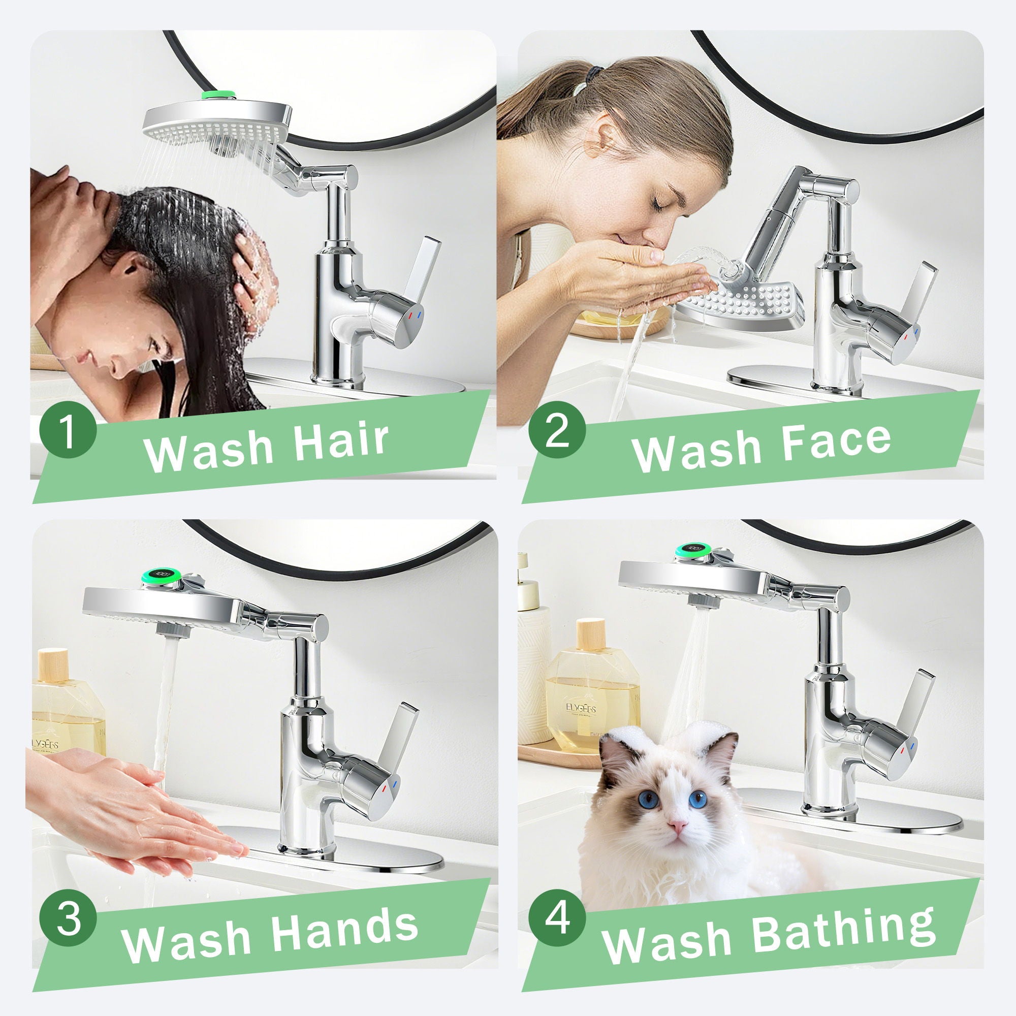 LED Temperature Display Bathroom Faucet With 3 Water Modes &amp; 360° Rotating Spout - Chrome