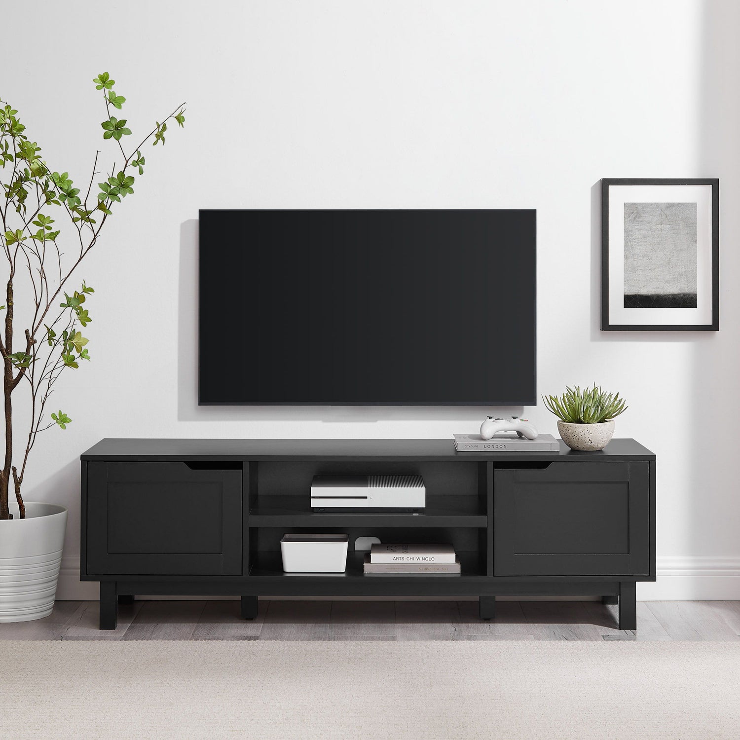 Modern 2 Door Open Storage TV Stand For TVs Up To 65&quot; - Solid Black