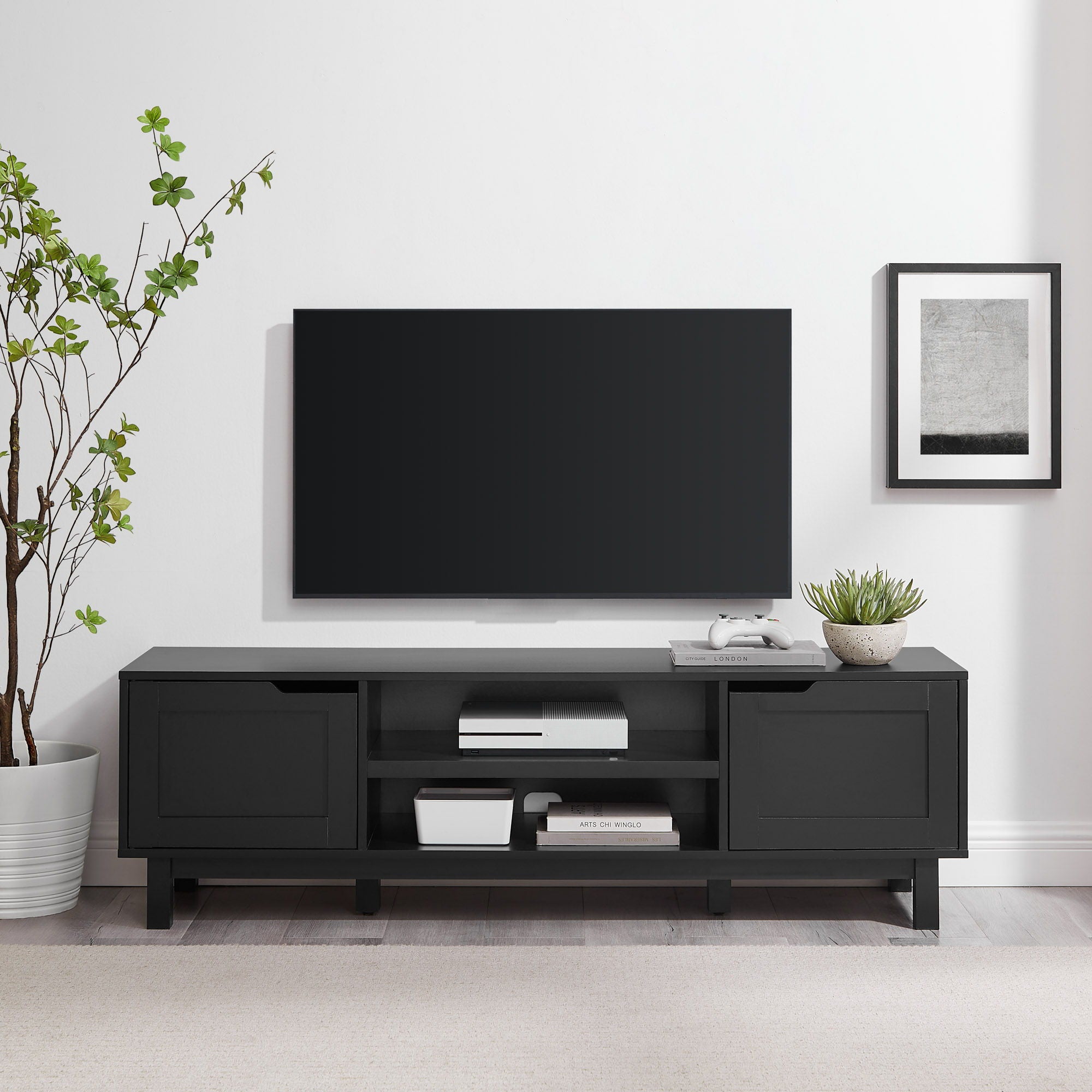 Modern 2 Door Open Storage TV Stand For TVs Up To 65&quot; - Solid Black