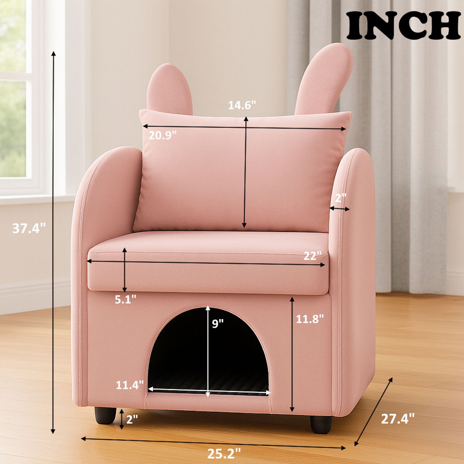 Bunny Ear Pet Friendly Armchair With Hidden Pet House With Storage Pocket For Bedroom &amp; Living Room - Pink