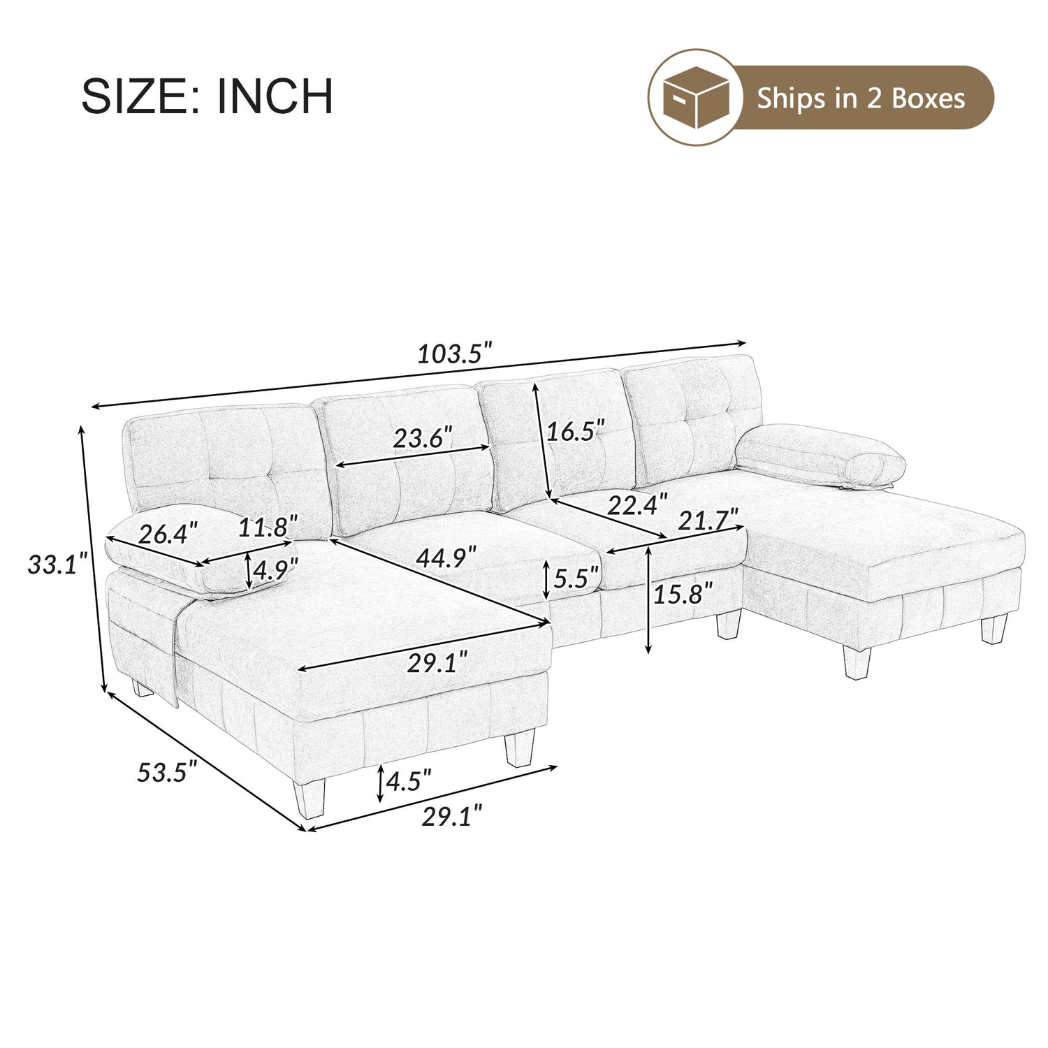 U-Shaped Sectional Sofa 103.5&quot; Black Chenille Fabric Couch With Dual Chaise Lounges, Storage Pockets, Armrest Pillows