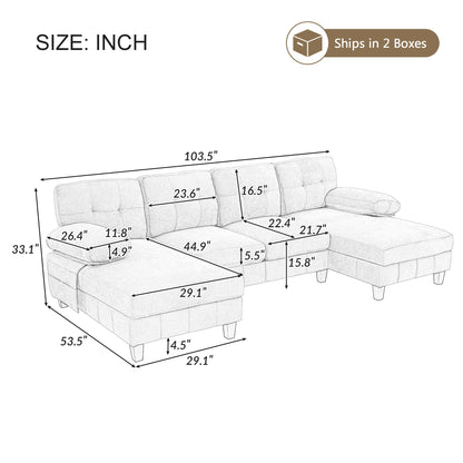 U-Shaped Sectional Sofa 103.5&quot; Black Chenille Fabric Couch With Dual Chaise Lounges, Storage Pockets, Armrest Pillows