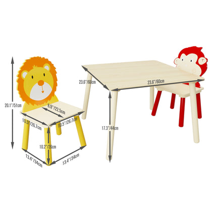 Kids Table And 2 Chairs Set, 3 Pieces Toddler Table And Chair Set, Wooden Activity Play Table Set (Lion&amp;Monkey) - Natural