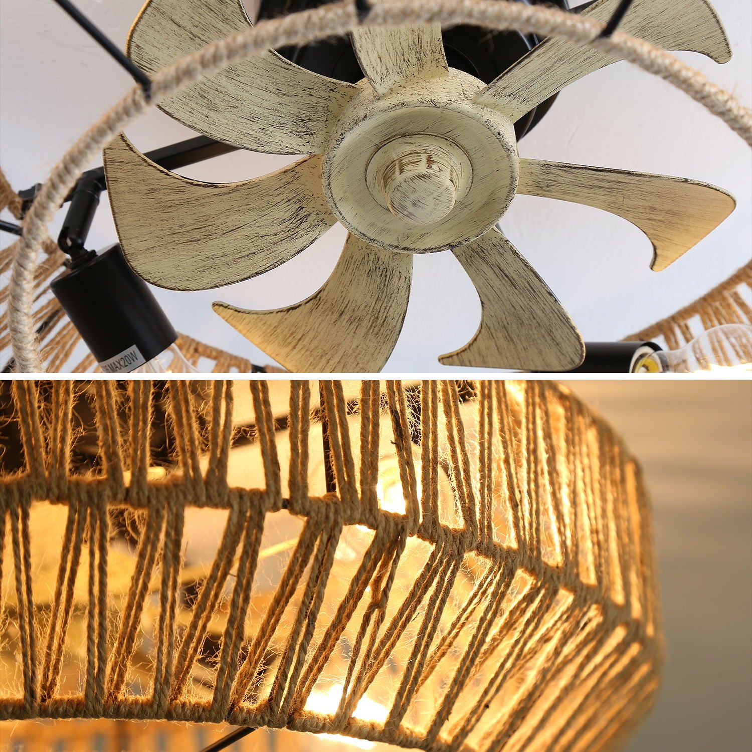 20&quot; New Boho Caged Ceiling Fan With Enclosed Rattan 6 Speeds Remote Control Reversible Dc Motor For Living Room - Rattan