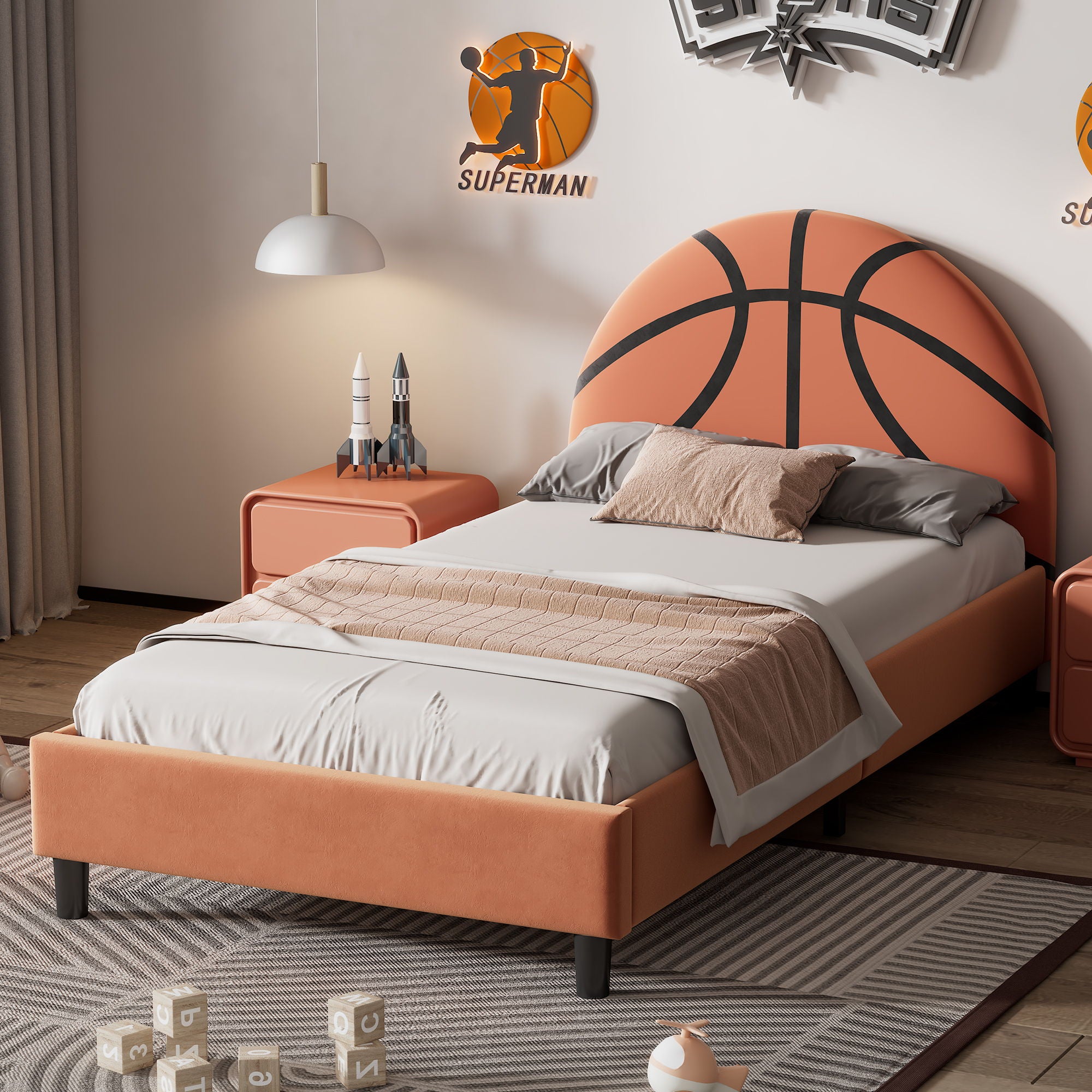 Basketball Design Upholstered Twin Platform Bed Sport Style Bed For Boys &amp; Girls, Teens - Orange