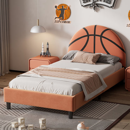 Basketball Design Upholstered Twin Platform Bed Sport Style Bed For Boys &amp; Girls, Teens - Orange